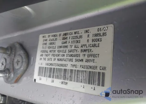 2007 Honda Accord 2.4 Ex z USA, uszkodzony, nr VIN 1HGCM56737A096067